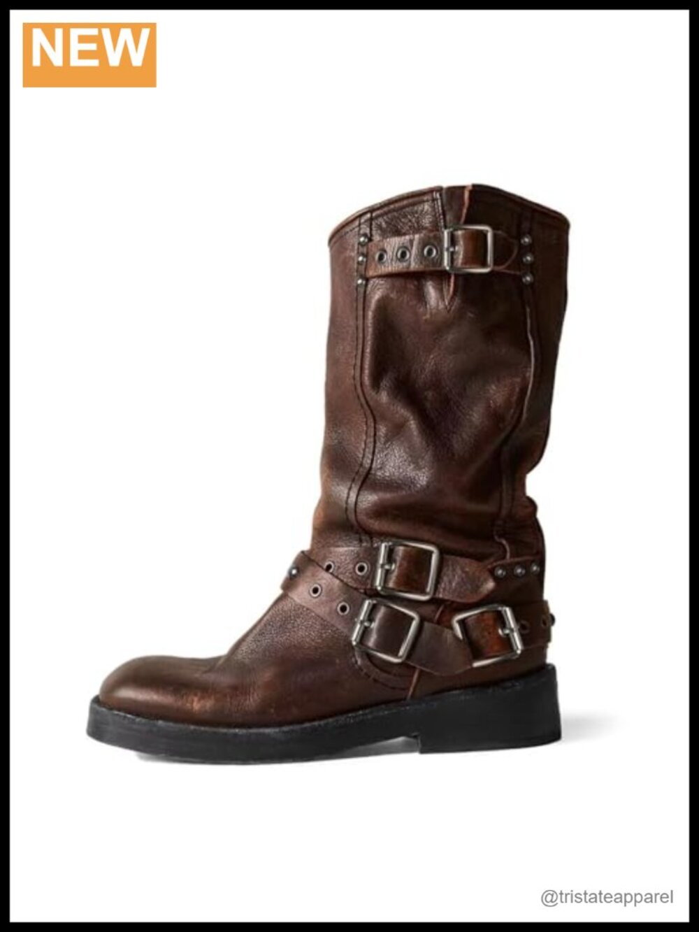 Women's Mid Calf Boots Chunky Low Heel Riding Buckle Moto Motorcycle Boots